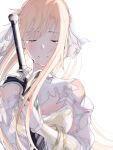  1girl armor asuna_(stacia) blonde_hair bracelet breastplate choker closed_eyes crossed_arms crying dark_repulser detached_sleeves floating_hair gloves holding holding_sword holding_weapon jewelry long_hair nina_sukinamono simple_background solo sword sword_art_online tears upper_body very_long_hair weapon white_background white_choker white_gloves white_sleeves 