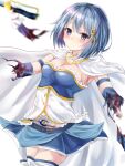  1girl absurdres blood blue_eyes blue_hair cape decapitation guro hair_ornament hairclip highres holding magia_record:_mahou_shoujo_madoka_magica_gaiden magical_girl mahou_shoujo_madoka_magica miki_sayaka short_hair solo sword weapon white_background yuunamida_uyu 