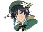  1boy :p androgynous bangs beret black_hair blue_hair bow braid brooch cape character_name closed_mouth collared_cape collared_shirt english_text eyebrows_visible_through_hair flower gem genshin_impact gradient_hair green_eyes green_headwear hat hat_flower highres homilily jewelry leaf looking_at_viewer male_focus multicolored_hair ribbon shirt short_hair_with_long_locks simple_background smile solo tongue tongue_out twin_braids venti_(genshin_impact) white_background white_flower white_shirt 