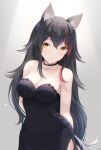  1girl animal_ear_fluff animal_ears arms_behind_back artist_name bangs bare_arms bare_shoulders black_dress black_hair black_neckwear blush breasts choker closed_mouth collarbone dress eyebrows_visible_through_hair fox_ears grey_background hair_between_eyes highres hololive keenh long_hair looking_at_viewer medium_breasts multicolored_hair ookami_mio orange_eyes redhead side_slit sleeveless solo strapless strapless_dress streaked_hair tail virtual_youtuber 