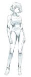  1girl absurdres android arms_at_sides breasts commentary_request contrapposto eyebrows_visible_through_hair full_body highres joints looking_at_viewer medium_breasts monochrome original robot_joints short_hair solipsist solo standing triangle_mouth white_background 