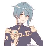  1boy bangs blue_hair brill_p chinese_clothes earrings eyebrows_visible_through_hair genshin_impact jacket jewelry looking_at_viewer male_focus short_hair simple_background single_earring smile solo white_background xingqiu_(genshin_impact) yellow_eyes 