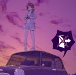  2girls against_glass bangs binoculars blue_shirt blue_shorts bow brown_eyes brown_hair car clouds commentary_request contemporary cookie_(touhou) exit_sign eyebrows_visible_through_hair frilled_bow frills full_body ground_vehicle hair_bow hakurei_reimu holding holding_binoculars horns ibuki_suika kanna_(cookie) long_hair looking_down medium_hair miyako_(naotsugu) motor_vehicle multiple_girls open_mouth orange_hair outdoors red_bow shirt shoes shorts sneakers solid_circle_eyes speech_bubble standing standing_on_car sunset swept_bangs thigh_strap touhou trapped unbuttoned unbuttoned_shirt wavy_mouth white_footwear white_shirt yamin_(cookie) 