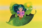  1980s_(style) 1girl blue_eyes book boots chibi eyeshadow floating_hair food green_hair holding holding_book horns knee_boots leaf long_hair looking_at_viewer lum makeup official_art oni_horns onigiri open_book retro_artstyle scan solo tiger_stripes urusei_yatsura 