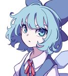  1girl :/ absurdres bangs blue_eyes blue_hair bow cirno closed_mouth dress eye_reflection eyebrows_behind_hair hair_bow highres ice ice_wings kame_(kamepan44231) looking_at_viewer one-hour_drawing_challenge red_neckwear red_ribbon reflection ribbon shirt short_hair simple_background solo touhou white_background white_shirt wings 