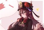  1girl absurdres black_headwear black_nails closed_eyes fingers flower genshin_impact ghost hat highres hu_tao jewelry long_sleeves nail_polish open_mouth red_eyes red_flower ring skedli smile solo symbol-shaped_pupils teeth twintails 