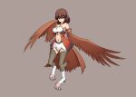  1girl armlet breasts brown_hair digitigrade eyebrows_visible_through_hair feathered_wings fei_(ercan_dinler17) full_body harpy highres jewelry large_breasts looking_at_viewer monster_girl navel necklace original red_eyes signature simple_background solo talons wing_ears winged_arms wings 