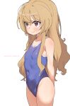  1girl absurdres aisaka_taiga arms_behind_back bangs blush brown_eyes brown_hair closed_mouth commentary_request dorontabi eyebrows_visible_through_hair fanbox highres long_hair looking_to_the_side one-piece_swimsuit revision school_swimsuit simple_background smile solo standing swimsuit toradora! watermark web_address white_background 