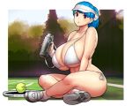  1girl ball bikini blue_hair breasts curvy erkaz fence hat highres huge_breasts looking_at_viewer original ponytail racket red_eyes rina_atherina shoes sitting sneakers sweat sweatdrop swimsuit tennis tennis_ball tennis_court tennis_racket tree visor_cap white_bikini white_footwear white_headwear 