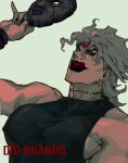  1boy absurdres black_lips black_nails character_name covered_nipples dio_brando earrings headband highres jewelry jojo_no_kimyou_na_bouken male_focus muscular muscular_male open_mouth platinum_blonde_hair red_eyes scar scar_on_neck solo stardust_crusaders stone_mask_(jojo) tongue tongue_out upper_body wrist_cuffs xubeichaoyansuan 