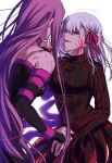  2girls absurdres dark_sakura fate/stay_night fate_(series) heaven&#039;s_feel highres long_hair matou_sakura moina multiple_girls purple_hair red_eyes rider scratches very_long_hair white_background white_hair 