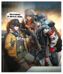  3girls absurdres acog assault_rifle bandolier cheogtanbyeong cleaners combat_knife commentary deele_(girls_frontline) dima_(girls_frontline) duct_tape english_text explosive gas_mask genderswap genderswap_(mtf) girls_frontline gloves goggles goggles_on_headwear grenade gun h&amp;k_hk416 helmet highres hk416_(fang)_(girls_frontline) hk416_(girls_frontline) knife last_man_battalion mask_around_neck multiple_girls pointing rifle rogue_division_agent scope speech_bubble tactical_clothes thigh-highs tom_clancy&#039;s_the_division trigger_discipline vector_(girls_frontline) vector_(hellfire)_(girls_frontline) weapon winter_uniform 