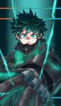  1boy black_gloves bodysuit boku_no_hero_academia bright_pupils commentary_request freckles gloves green_background green_bodysuit green_eyes green_gloves green_hair highres long_sleeves male_focus midoriya_izuku outstretched_hand solo spiky_hair two-tone_gloves yomoyama_yotabanashi 