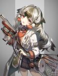  1girl arknights blush holding holding_weapon long_hair looking_at_viewer multicolored_hair net open_mouth orange_eyes sidelocks snowsant_(arknights) solo touchika weapon 