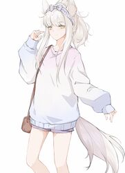  1girl absurdres alternate_costume animal_ear_fluff animal_ears arknights bag bangs casual commentary_request eyebrows_visible_through_hair feet_out_of_frame hand_up handbag highres kaminarichyan long_hair long_sleeves looking_at_viewer platinum_(arknights) ponytail silver_hair simple_background solo standing sweater tail white_background white_sweater yellow_eyes 