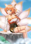  1girl absurdres animal_ears blue_eyes breasts collar eight-tailed_fox_nari fox_ears fox_girl fox_tail full_body hand_up highres leaping_(fle8410) looking_at_viewer multiple_tails orange_hair pose ribbon solo tail 