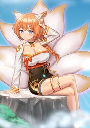  1girl absurdres animal_ears blue_eyes breasts collar eight-tailed_fox_nari fox_ears fox_girl fox_tail full_body hand_up highres leaping_(fle8410) looking_at_viewer multiple_tails orange_hair pose ribbon solo tail 