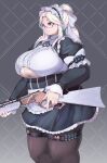  1girl absurdres blonde_hair bow breasts buckle character_request eyebrows_visible_through_hair female frilled_skirt frills garters gigantic_breasts glasses hair_bow highres holding holding_weapon last_origin maid maid_headdress plump red_eyes sidelocks skindentation skirt solo tajyador teeth thick_thighs thighs weapon 