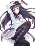  1girl absurdres akemi_homura argyle argyle_legwear black_hair boots hairband high_heels highres long_hair looking_at_viewer magia_record:_mahou_shoujo_madoka_magica_gaiden magical_girl mahou_shoujo_madoka_magica solo violet_eyes white_background yuunamida_uyu 