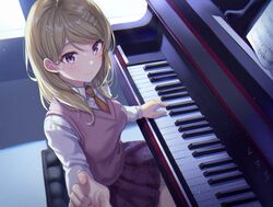  1girl ahoge akamatsu_kaede bangs blonde_hair breasts closed_mouth collared_shirt commentary dangan_ronpa_(series) dangan_ronpa_v3:_killing_harmony eighth_note hair_ornament highres indoors instrument long_hair long_sleeves looking_at_viewer medium_breasts miniskirt music musical_note musical_note_hair_ornament necktie piano piano_bench playing_instrument pleated_skirt school_uniform shirt sitting skirt smile solo sweater_vest tokkyu vest violet_eyes white_shirt 