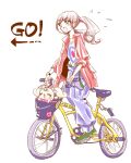  ! 1girl :o ^_^ ^o^ arrow_(symbol) baggy_pants bicycle bicycle_basket blue_pants bow brown_eyes brown_hair closed_eyes dog ear_bow english_text flying_sweatdrops forehead_jewel from_side full_body green_belt green_footwear ground_vehicle healin&#039;_good_precure healing_animal heart highres hiramitsu_hinata iedesan jacket latte_(precure) long_jacket looking_to_the_side open_clothes open_jacket open_mouth pants pink_bow precure print_shirt red_jacket riding riding_bicycle shirt shoes simple_background smile sweatdrop twintails watch watch white_background white_shirt 