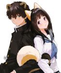  1boy 1girl animal_ears artist_logo back-to-back black_hair black_sailor_collar black_skirt blue_neckwear chitanda_eru commentary_request dog_ears fox_ears fox_tail gakuran green_eyes heart_tail_duo highres hyouka kamiyama_high_school_uniform long_hair mery_(yangmalgage) neckerchief oreki_houtarou pleated_skirt sailor_collar school_uniform serafuku simple_background skirt tail violet_eyes white_background 