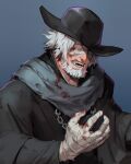  1boy bandaged_arm bandages bangs black_headwear blood bloodborne chain commentary_request covered_eyes fangs father_gascoigne gradient gradient_background grey_scarf grin hand_up hat highres jiro_(ninetysix) long_coat long_hair male_focus scarf smile solo teeth upper_body white_hair 