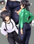  1girl absurdres agetama ass bangs black_hair blunt_bangs blush choker denim earrings embarrassed highres idolmaster idolmaster_shiny_colors jeans jewelry lips long_hair mayuzumi_fuyuko multiple_views pants sidelocks thigh_grab thighs tight tight_pants very_long_hair 