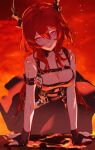  arknights bare_shoulders breasts demon demon_girl demon_horns dress fingerless_gloves gloves glowing glowing_eyes highres horns id_card lirseven long_hair looking_at_viewer molten_rock redhead surtr_(arknights) violet_eyes 