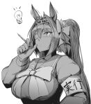  anegawa_eiji animal_ears armband bow breasts daiwa_scarlet eyepatch greyscale hair_intakes highres horse_ears juliet_sleeves large_breasts light_bulb long_hair long_sleeves looking_up monochrome pen puffy_sleeves tiara twintails umamusume very_long_hair 