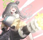  1girl blue_archive blush breasts closed_eyes commentary_request fingerless_gloves firing gatling_gun gloves grey_hair halo highres id_card jacket large_breasts mannouyakunta nonomi_(blue_archive) school_uniform simple_background solo weapon 