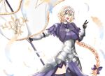  absurdres armor backlighting blonde_hair blue_eyes breasts chain fate/grand_order fate_(series) feathers hair_between_eyes headpiece highres jeanne_d&#039;arc_(fate) jeanne_d&#039;arc_(fate)_(all) large_breasts long_braid smile standard_bearer thigh-highs thighs untold v white_background 