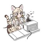  1girl animal_costume animal_ear_fluff animal_ears bow bowtie cat_ears cat_girl cat_tail cooking extra_ears geoffroy&#039;s_cat_(kemono_friends) green_eyes grey_hair kemono_friends kemono_friends_v_project long_hair microphone microwave multicolored_hair osakana_pix ribbon shirt simple_background skirt solo tail tezuka_osamu_(style) twintails virtual_youtuber 