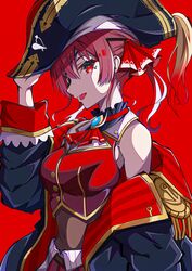  1girl absurdres bangs bicorne black_coat coat covered_navel cropped_jacket hair_between_eyes hair_ribbon hat highres hololive houshou_marine jacket long_hair long_sleeves off_shoulder pension_z red_background red_jacket redhead ribbon sidelocks simple_background sleeveless sleeveless_jacket solo tongue tongue_out virtual_youtuber yellow_eyes 