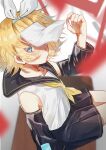  1girl absurdres bare_shoulders blonde_hair blurry blurry_foreground bow collarbone colored_eyelashes covering_face depth_of_field desk detached_sleeves hair_bow highres kagamine_rin looking_at_viewer lost_one_no_goukoku_(vocaloid) on_desk paper pleated_skirt sailor_collar satou_(user_hgzc3532) school_desk short_hair sitting sitting_on_desk skirt sleeveless solo vocaloid 