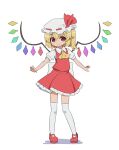  1girl absurdres ascot back_bow bangs blonde_hair blush bow closed_mouth commentary_request crystal eyebrows_visible_through_hair eyebrows_visible_through_hat flandre_scarlet flat_chest full_body hair_between_eyes hat hat_ribbon highres looking_at_viewer mary_janes mob_cap nihohohi one_side_up outstretched_arms over-kneehighs petticoat pigeon-toed pointy_ears puffy_short_sleeves puffy_sleeves red_eyes red_footwear red_ribbon red_skirt red_vest ribbon shirt shoes short_hair short_sleeves simple_background skirt skirt_set smile solo standing thigh-highs touhou vest white_background white_bow white_headwear white_legwear white_shirt wing_collar wings yellow_neckwear 
