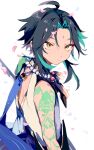  1boy ahoge arm_tattoo bead_necklace beads black_hair closed_mouth facial_mark forehead_mark genshin_impact green_hair highres jewelry male_focus multicolored_hair necklace petals simple_background solo tassel tattoo upper_body waaaai_osushi white_background xiao_(genshin_impact) yellow_eyes 