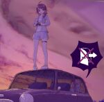  2girls against_glass bangs binoculars blue_shirt blue_shorts bow brown_eyes brown_hair car clouds commentary_request contemporary cookie_(touhou) exit_sign eyebrows_visible_through_hair frilled_bow frills full_body ground_vehicle hair_bow hakurei_reimu holding holding_binoculars horns ibuki_suika kanna_(cookie) long_hair looking_down medium_hair miyako_(naotsugu) motor_vehicle multiple_girls open_mouth orange_hair outdoors parody_request red_bow shirt shoes shorts sneakers solid_circle_eyes speech_bubble standing standing_on_car sunset swept_bangs thigh_strap touhou trapped unbuttoned unbuttoned_shirt wavy_mouth white_footwear white_shirt yamin_(cookie) 