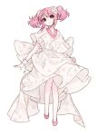  1girl alternate_costume arms_at_sides back_bow bow closed_mouth flat_chest flats floral_print full_body fur-trimmed_shirt fur_trim kaname_madoka layered_skirt leaf_print legs_together light_smile looking_at_viewer mahou_shoujo_madoka_magica pale_skin pink_eyes pink_footwear pink_hair scrunchie shirt shoes simple_background skirt skirt_hold solo tareme twintails u_emper white_background white_bow white_scrunchie white_shirt white_skirt wide_sleeves wrist_cuffs 