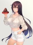  1girl alternate_costume aran_sweater black_hair breasts chocolate closed_mouth collarbone commentary_request cowboy_shot cropped_sweater food gorilla grey_background hair_between_eyes hand_in_pocket highres holding holding_chocolate holding_food kantai_collection kasumi_(skchkko) large_breasts long_hair long_sleeves nagato_(kancolle) navel red_eyes shorts simple_background smile solo standing sweater white_shorts white_sweater 