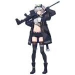  1girl arm_up belt black_coat black_footwear black_gloves black_legwear black_shorts boots breasts brown_legwear chukavin_svch closed_mouth coat collared_shirt crop_top expressionless fanny_pack fingerless_gloves full_body girls_frontline gloves goggles goggles_on_head green_eyes gun hand_up headphones headphones_around_neck highres holding holding_gun holding_weapon long_sleeves looking_at_viewer medium_breasts midriff multiple_straps nagu navel official_art open_clothes open_coat rifle scope shirt short_hair short_over_long_sleeves short_shorts short_sleeves shorts silver_hair sniper_rifle solo standing stomach svch_(girls_frontline) thigh-highs thighs transparent_background weapon white_shirt 
