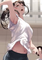  1girl armpit_peek bangs black_hair blurry blurry_background blush breasts brown_eyes duplicate eyebrows_visible_through_hair gym_uniform jonsun jumping large_breasts looking_at_viewer navel short_hair solo swimsuit window 