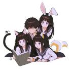  1boy 1girl :o animal_ears artist_logo bangs black_hair black_jacket black_sailor_collar blush book cat_ears cat_tail chitanda_eru clone closed_mouth collarbone collared_jacket dog_ears dog_tail excited eyebrows_visible_through_hair gakuran green_eyes hair_between_eyes hetero highres holding holding_another&#039;s_arm holding_book hyouka jacket kamiyama_high_school_uniform long_hair long_sleeves mery_(yangmalgage) open_book open_mouth oreki_houtarou rabbit_ears reading revision sailor_collar school_uniform serafuku shirt short_hair simple_background skirt sweat tail upper_body violet_eyes white_background white_shirt 