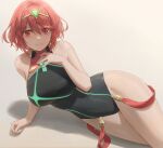  1girl bangs black_swimsuit blush breasts commentary_request covered_navel duplicate earrings free_style_(yohan1754) highleg highleg_swimsuit highres jewelry large_breasts looking_at_viewer lying on_side one-piece_swimsuit pyra_(pro_swimmer)_(xenoblade) pyra_(xenoblade) red_eyes red_swimsuit redhead shadow short_hair sidelocks simple_background swept_bangs swimsuit tiara two-tone_swimsuit xenoblade_chronicles_(series) xenoblade_chronicles_2 