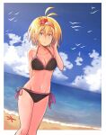  1girl absurdres ahoge antenna_hair arm_behind_back beach bikini bird blonde_hair blue_sky border breasts clouds dutch_angle flower hair_between_eyes hair_flower hair_ornament hairband hand_in_hair highres looking_at_viewer medium_breasts navel ocean original outside_border pink_hairband sand shore short_hair side-tie_bikini sky solo starfish swimsuit untold water white_border 