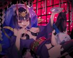  1girl alcohol bangs bare_shoulders bob_cut bottle breasts collarbone cup eyeliner fate/grand_order fate_(series) gourd headpiece highres horns japanese_clothes kimono knee_up long_sleeves looking_at_viewer makeup obi oni oni_horns open_mouth purple_hair purple_kimono revealing_clothes sakazuki sake sash shimi_to_ufu short_hair shuten_douji_(fate) skin-covered_horns small_breasts smile thighs violet_eyes wide_sleeves 