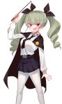  1girl anchovy_(girls_und_panzer) anzio_school_uniform bangs belt black_belt black_cape black_ribbon black_skirt brown_eyes cape commentary dress_shirt drill_hair emblem eyebrows_visible_through_hair girls_und_panzer green_hair hair_ribbon holding kemu_(guruguru_dan) long_hair long_sleeves looking_at_viewer miniskirt necktie open_mouth pantyhose pleated_skirt ribbon riding_crop school_uniform shirt simple_background skirt smirk solo standing twin_drills twintails white_background white_legwear white_shirt wing_collar 