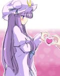  1girl bangs blue_bow blue_ribbon blunt_bangs blush bow commentary_request coo crescent crescent_pin eyebrows_visible_through_hair gradient gradient_background hair_bow hat hat_ribbon heart heart_background highres long_hair mob_cap out_of_frame outline patchouli_knowledge purple_hair ribbon sketch touhou very_long_hair violet_eyes white_outline 