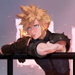  1boy artist_name bangs blonde_hair blue_eyes brown_gloves cloud_strife commentary_request eating final_fantasy final_fantasy_vii final_fantasy_vii_remake food gloves grey_background highres holding holding_food holding_pizza jiro_(ninetysix) male_focus pizza railing shirt short_hair shoulder_plates single_bare_shoulder sleeveless sleeveless_turtleneck solo spiky_hair striped striped_shirt turtleneck upper_body white_background 