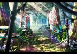  blurry blurry_foreground building bush commentary_request day depth_of_field flower forest grass letterboxed moss nature neon_trim no_humans original outdoors pink_flower scenery suishougensou tree white_flower 